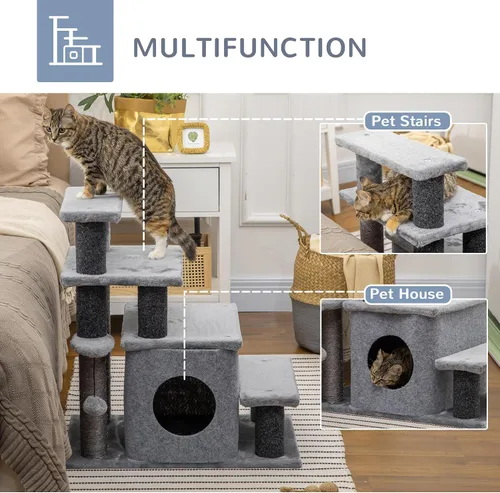 Vista 4 de PawHut Escaleras para mascotas con poste rascador de sisal para gatos Escalones para gatos de altura ajustable de 3/4, condominio, pelota de juguete