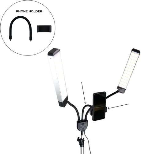 Vista 3 de Lámpara de pie portátil de doble brazo con trípode, puerto USB, control remoto, soporte para teléfono, temperatura de color ajustable HD
