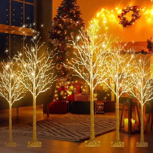 Vista 6 de Aurelema 6 piezas de árbol de abedul iluminado de 4 pies, 5 pies y 6 pies, 8 modos de Navidad, luces LED artificiales de color blanco cálido, árbol