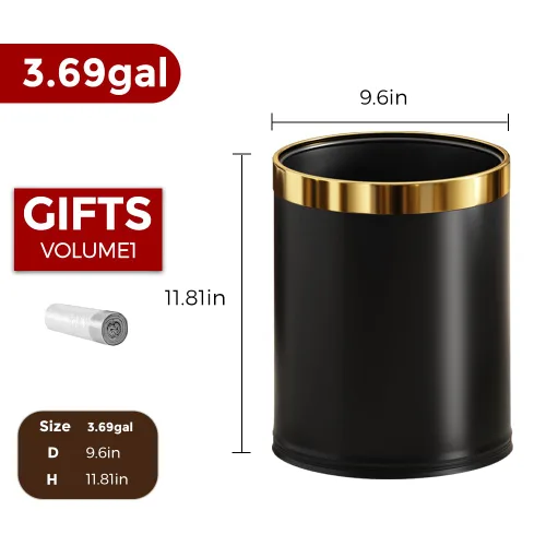 Vista 6 de 14L/3.7GAL Papelera negra y dorada, papelera de oficina con tapa abierta, papelera de metal, papelera dorada sin tapa para oficina, hotel, tienda