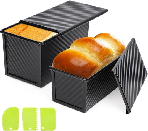 Vista 14 de Beasea Pullman - Molde para pan con tapa, paquete de 2 moldes pequeños antiadherentes para pan de 0.5 lb, acero al carbono, mini caja para pan Negro