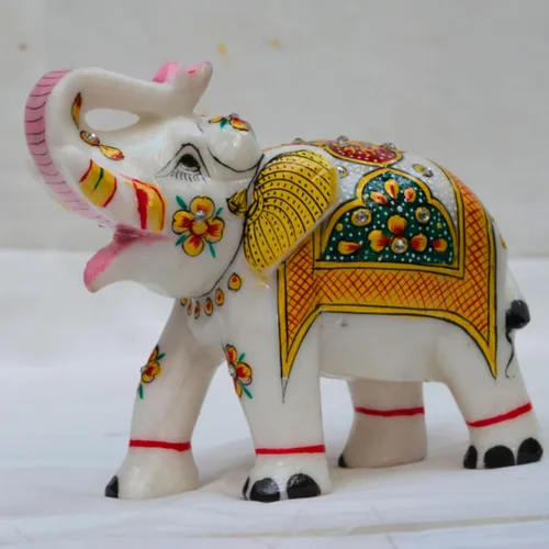 Vista 8 de Estatua de elefante de mármol de 5 x 7 pulgadas con pintado a mano Escultura de mármol hecha a mano Estatua de elefante auspicioso Figuras