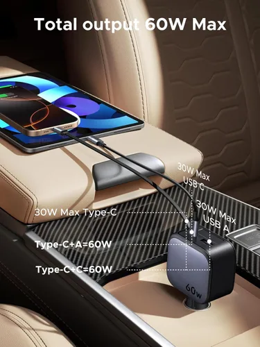 Vista 2 de UGREEN Cargador de coche 2C1A de 60 W con cable retráctil, cargador rápido de 3 puertos con 30 W PD USB-C, USB-A, adaptador de encendedor