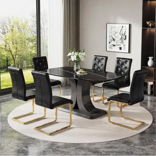 Vista 18 de Juego de mesa de comedor moderno para 4, juego de sillas de mesa de cocina de mármol sintético, mesa rectangular de MDF de 63 pulgadas, sillas Negro