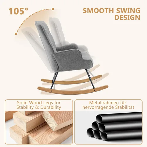 Vista 5 de Furniliving Silla mecedora para guardería, base de madera maciza de tela de Gris