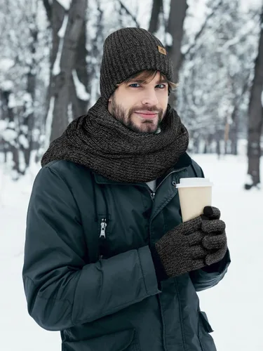 Vista 5 de Winter Hat Scarf Gloves Set, Knitted Ribbed Beanie Winter Gift Men Boys Mezcla gris y negro