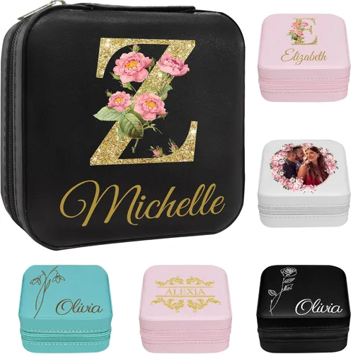 Vista 25 de Joyero personalizado para regalos de dama de honor, flor de nacimiento, inicial, joyería de viaje personalizada para mujeres, organizador de joyas