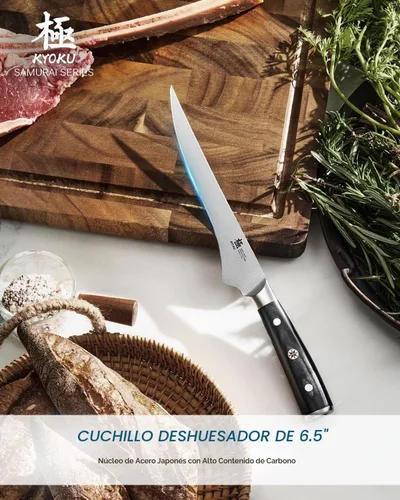 Vista 2 de KYOKU Cuchillo deshuesador de 6,5 pulgadas de la serie Samurai, cuchillo de filetear con mango de madera de Pakka, acero de alto carbono