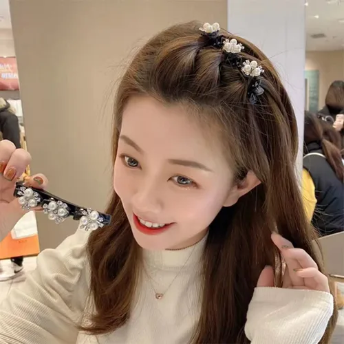 Vista 2 de Juego de accesorios para el cabello trenzado de piedra de cristal brillante, bandas de tela de satén, horquillas de trébol de hojas, clips de perlas
