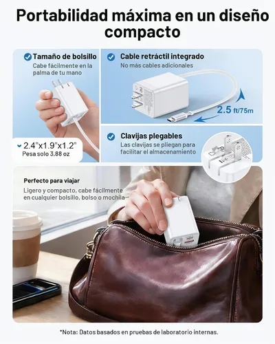 Vista 5 de Cargador de pared retráctil USB C, bloque de carga rápida 3 en 1 para Blanco