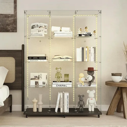 Vista 28 de Armario esquinero de cristal templado con 4 estantes de 64 pulgadas de alto, gabinete de licor de 5 lados con luces LED, bloqueo y pies ajustables