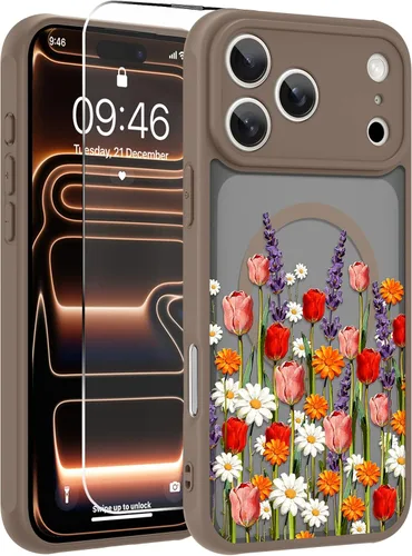 Vista 113 de OOK Funda magnética para iPhone 13 Pro Max [compatible con MagSafe] Funda delgada translúcida mate con flor silvestre negra, protección para lente