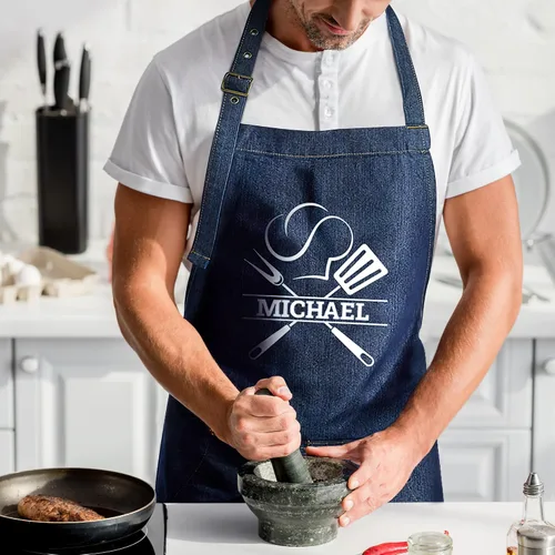 Vista 5 de Delantal personalizado para hombres y mujeres Delantal de chef de mezclilla personalizado con bolsillos Regalos de cocina personalizados