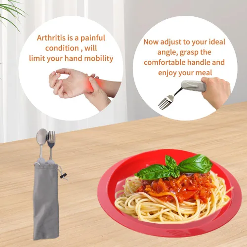 Vista 4 de Pekokavo Juego de utensilios adaptativos, cubiertos de ángulo ajustable para la artritis para Parkinson, temblores de manos, con mango