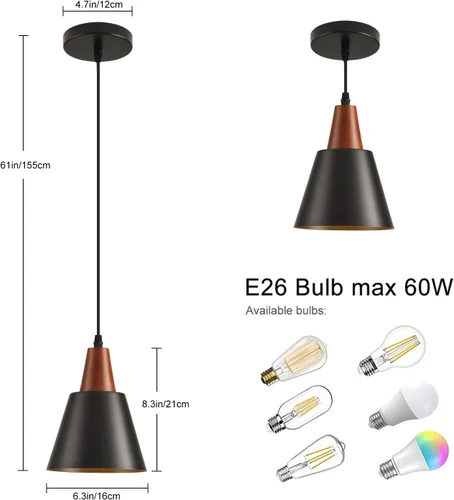 Vista 6 de Paquete de 2 luces colgantes, luces colgantes negras para isla de cocina, cúpula de madera, luces colgantes industriales minimalistas para isla