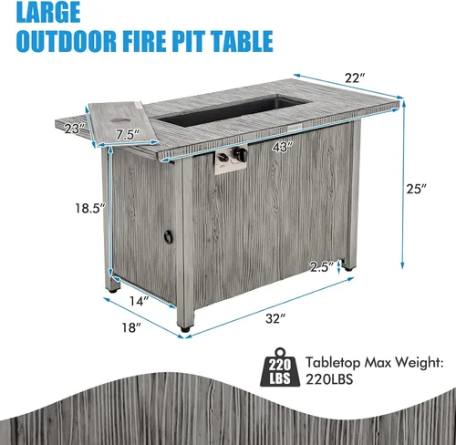 Vista 6 de Tangkula Patiojoy - Mesa de fuego de propano de 43 pulgadas, mesa de fuego de gas para exteriores de 50,000 BTU con mesa de grano de madera