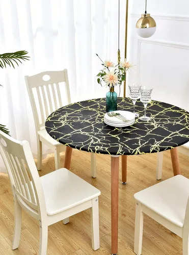 Vista 4 de Rally Home Goods Mantel redondo de vinilo ajustable para interiores y exteriores, respaldo de franela, borde elástico, funda de plástico impermeable