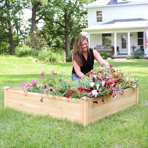 Vista 7 de Sunnydaze Cama de jardín cuadrada de madera elevada – Maceta elevada al aire libre para jardinería de flores, verduras y hierbas – 4 x 4 pies