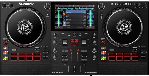 Vista 13 de Numark Controlador de DJ Mixstream Pro+ con Separación de Stems, 2 Decks, Transmisión Wi-Fi, Mezclador, Pantalla Táctil de 7", Altavoces, funciona