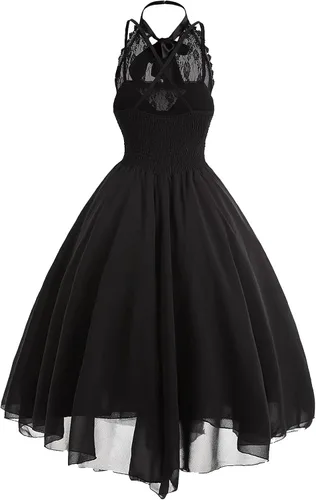 Vista 2 de Vestido de encaje gótico sin mangas para mujer, con corsé, con encaje halter, vestido de cóctel