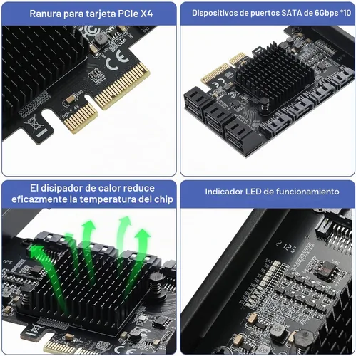 Vista 3 de Tarjeta PCI Express a SATA 3.0 de 2X 10 Puertos, Tarjeta de Expansión PCI Express a SATA III de 6Gbps, Chips ASM1166+JMB575 10SATA-4X