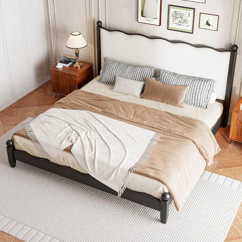 Vista 4 de Merax Base de cama moderna de madera maciza con cabecera tapizada, marco de plataforma rústica tamaño Queen con patas de madera resistentes, no Tela