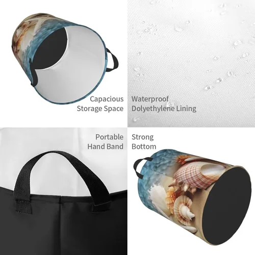 Vista 4 de Starfish Coral and Seashell print Circular Hamper Waterproof Storage Bin Organizer Basket Laundry Hamper With Handles For Clothes Toys Small