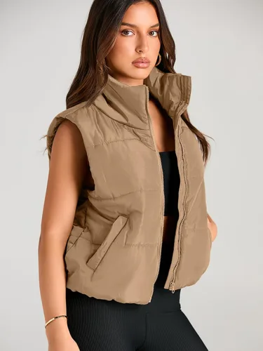 Vista 6 de AUTOMET Chaleco acolchado para mujer, sin mangas, para invierno, ropa de abrigo, cálida, acolchada, ligera, cuello alto, con bolsillos