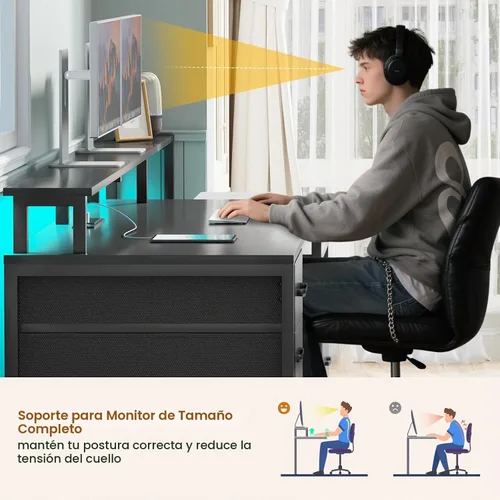 Vista 8 de SEDETA Escritorio para computadora con 5 cajones, toma de corriente, luces Negro con luces LED