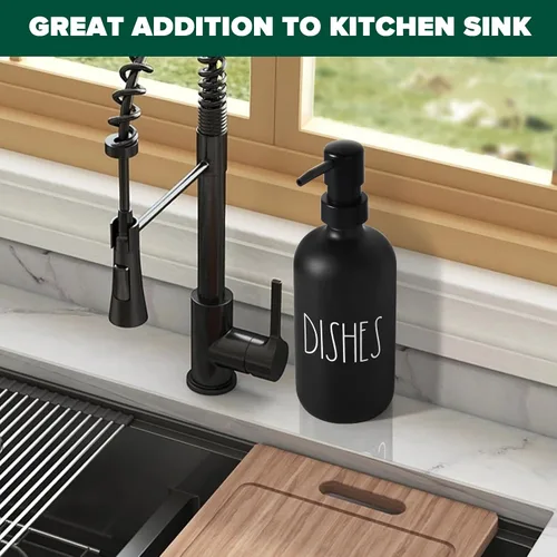 Vista 4 de VIMERPA Dispensador de Jabón para Platos, Dispensador de Jabón Negro Mate para Cocina, Dispensador de Jabón para Platos de Vidrio con Bomba
