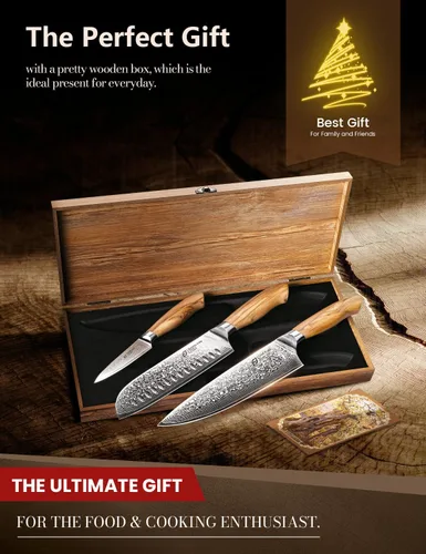 Vista 2 de Juego de cuchillos de cocina de Damasco Emojoy, 3 piezas de cuchillos de chef japoneses, cuchillo de 67 capas de Damasco con mango de madera