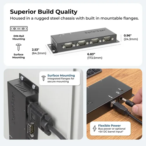 Vista 3 de Adaptador USB a serie DB-9 RS-232 de 4 puertos con chipset FTDI: funciona con sistemas Windows 10, 8, 7, XP y Mac