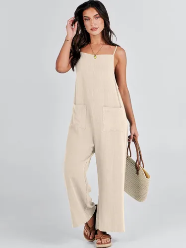 Vista 3 de ANRABESS Overol de lino con bolsillos para mujer, estilo casual, suelto, largo, con pierna ancha