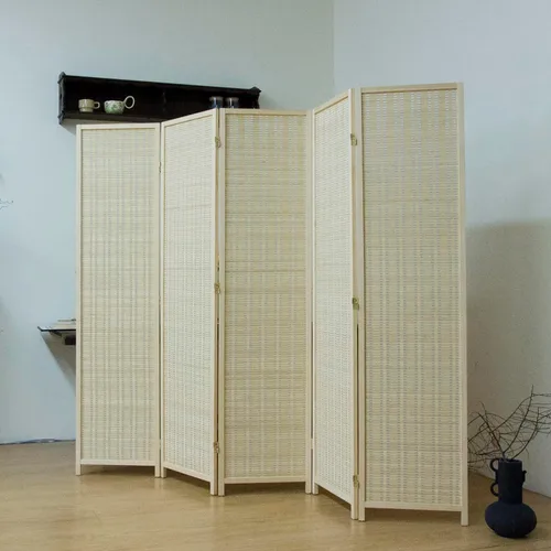 Vista 13 de Divisor de habitación de bambú de 3 paneles, pantalla de privacidad plegable beige de 5.6 pies de alto, pared de división independiente de doble