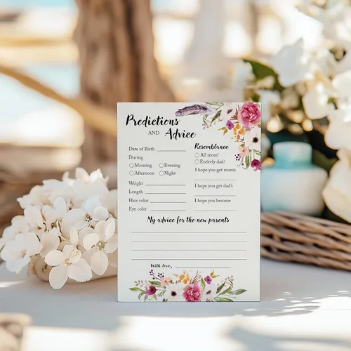 Vista 4 de BOHO - Tarjetas de predicción y consejos – Paquete de 25 – Juegos de baby shower BOHEMIAN Pink GIRL, deseos florales para nuevos padres, mamá y papá
