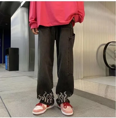 Vista 4 de Y2K - Pantalones de mezclilla holgados Flame Emo Cyber Cargo Grunge Vintage Demin Ropa estética Hiphop gótico Jogger Pantalones deportivos