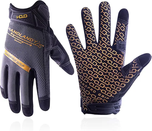 Vista 10 de HANDLANDY Guantes de trabajo para hombre, pantalla táctil, guantes de mecánico, ajuste flexible y transpirable, nudillos y palma acolchados