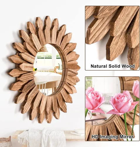 Vista 5 de Emfogo Espejo de Pared de 12 Pulgadas de Madera Rústica Sunburst Espejo Boho Decoración de Pared Decoración del Hogar para Dormitorio Sala de Estar