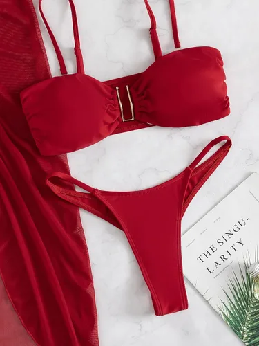 Vista 4 de OYOANGLE Conjunto de bikini de 3 piezas para mujer, traje de baño con alambre en V, falda de playa torcida