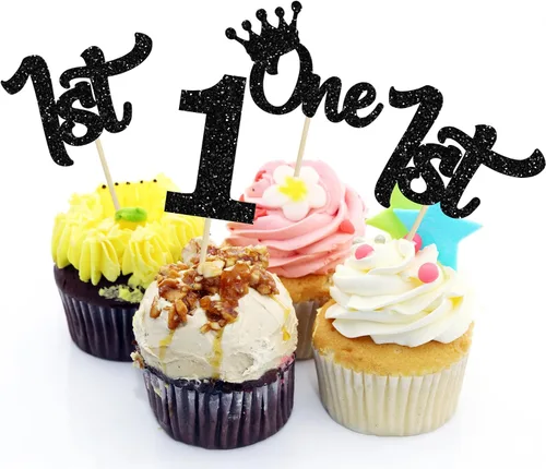 Vista 9 de 24 piezas de adornos para cupcakes de primer cumpleaños con purpurina, decoraciones de pastel de primer cumpleaños, palillos para cupcakes "One