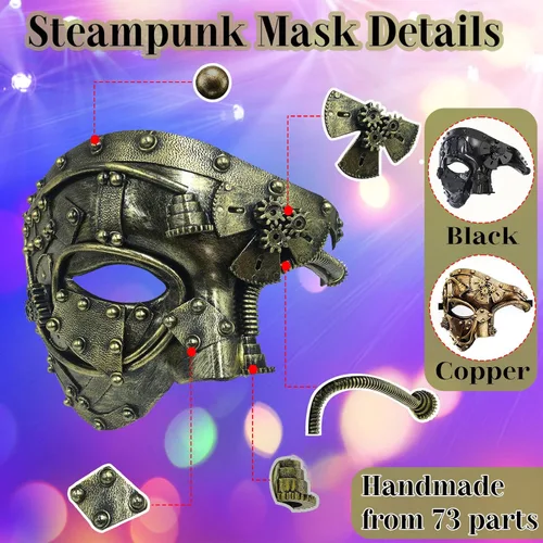 Vista 5 de Halford Steampunk Phantom Masquerade Mask, Metal Cyborg Venetian Half Face Opera Mechanical Mask for Cosplay Props