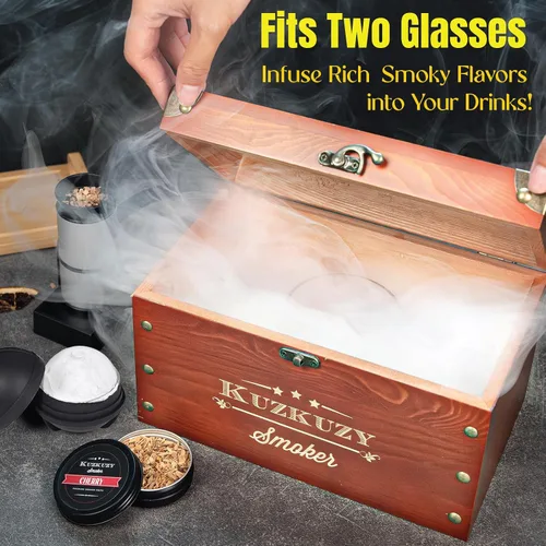 Vista 2 de Kit para ahumar cócteles - Kit ahumador para whisky con pistola ahumadora, caja ahumadora, astillas de madera de 6 sabores con piedras para whisky