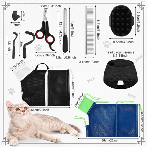 Vista 2 de Bolsa de baño para gatos, kit de aseo para ducha de gato, 10 piezas, negro y azul