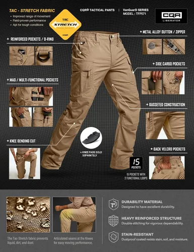 Vista 5 de CQR - Pantalones tácticos elásticos para hombre, pantalones cargo de ripstop resistentes al agua, pantalones ligeros para trabajo al aire libre