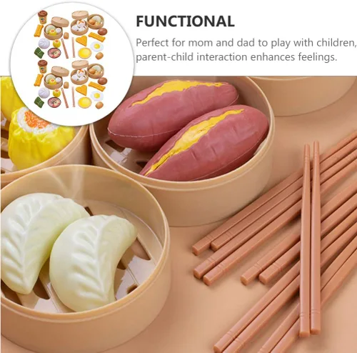 Vista 3 de NUOBESTY Juego de comida china para el desayuno, 58 piezas, juguetes de cocina con Dim Sum para cocinar alimentos para niños, juego de rol