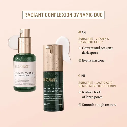 Vista 5 de Biossance Squalane + suero de noche rejuvenecedor con ácido láctico, 10% vegano, suero facial de ácido láctico para textura de la piel y líneas