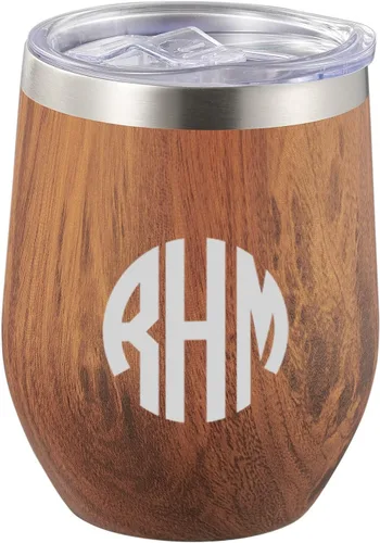 Vista 5 de Visol Taza de viaje personalizada de madera de vino de acero inoxidable de doble pared aislada (monograma romano)