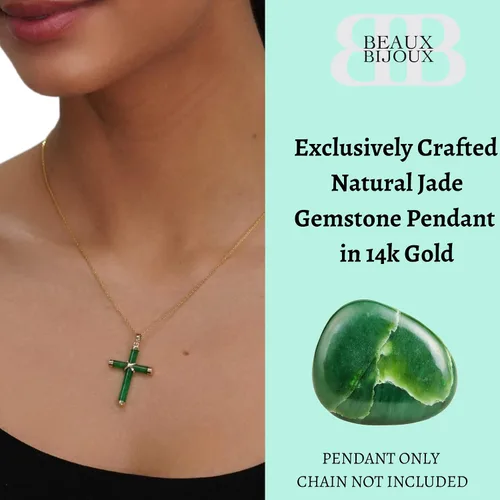 Vista 2 de Beaux Bijoux Colgante de cruz de piedras preciosas naturales para mujer, colgante de jade verde natural, jade lavanda u ónix en oro de 14 quilates