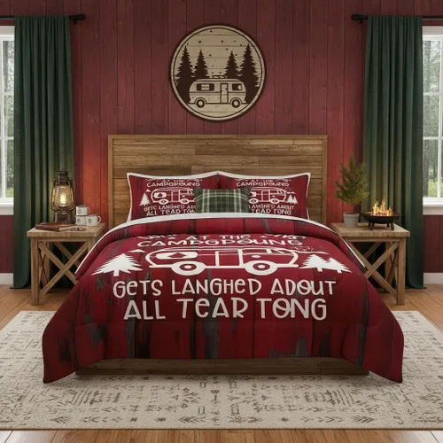 Vista 37 de Juego de ropa de cama con temática de cámper, juego de edredón de cabaña de madera marrón y verde, tamaño matrimonial, 3 piezas, decoración de Multi