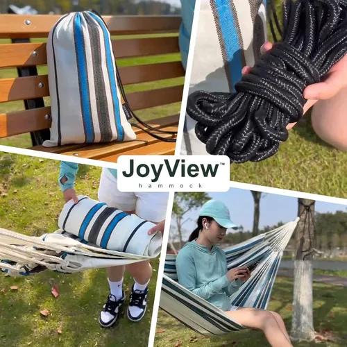 Vista 6 de JoyView Hamaca doble brasileña con cuerdas colgantes, extragrande de 86.6x59" hamaca portátil de algodón para patio, jardín, porche, capacidad